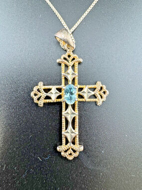 Sterling Silver 925 Filigree Cross Pendant Blue Gem
